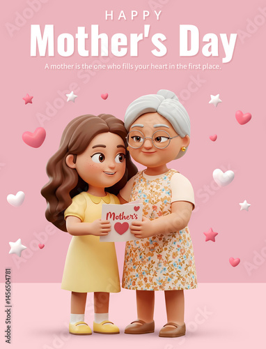 Happy Mother's Day poster with 3d young woman cartoon character hugs her mother and holding a card that says Mother’s with a red heart