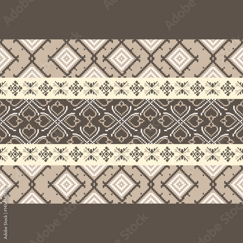 Traditional Ukrainian cross-stitch Detailed vector Illustration for textile printing design, on pixels brown tones
