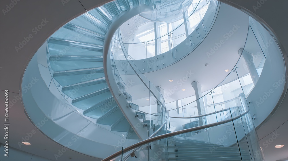 Fototapeta premium Modern spiral staircase with glass railing viewed from below in bright light.