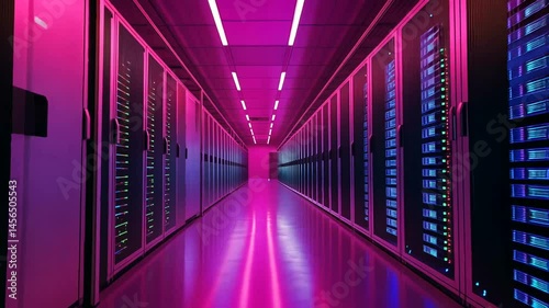 A server room with vibrant neon lighting