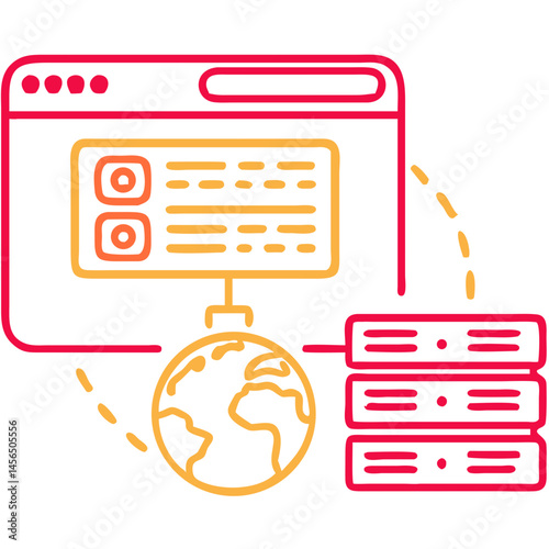 Line Icon of Web Server with Earth and Browser Window on Transparent Background