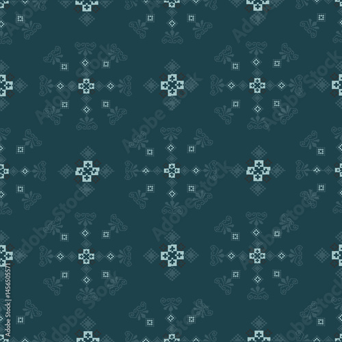 Traditional Ukrainian cross-stitch Detailed vector Illustration for textile printing design, on pixels green tones