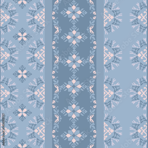 Traditional Ukrainian cross-stitch Detailed vector Illustration for textile printing design, on pixels pastel colors tones