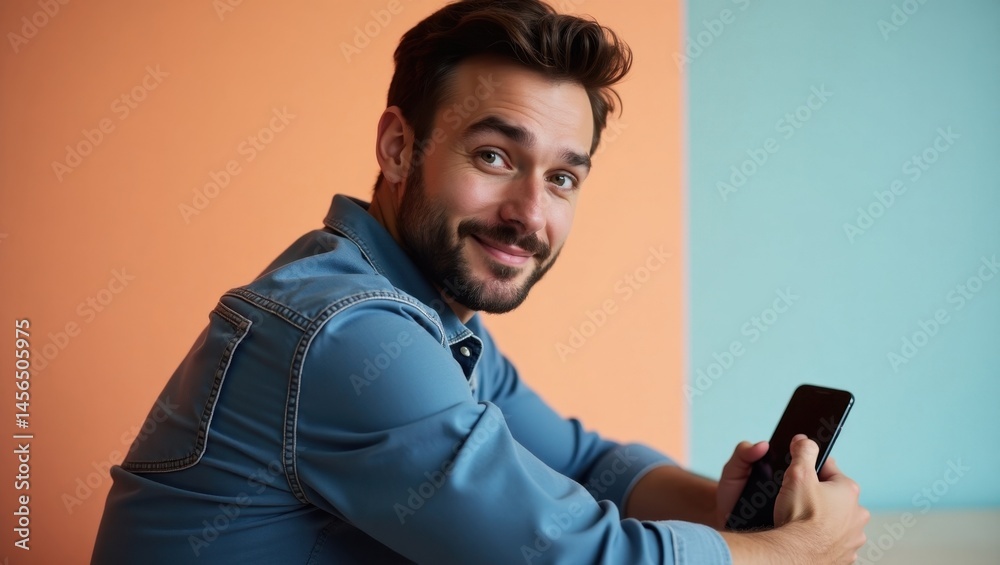 Wireless Carplay Adapter. Smiling man with dark hair holding smartphon Wireless Carplay Adapter. Smiling man with dark hair holding smartphon