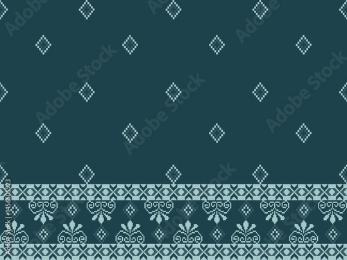 Traditional Ukrainian cross-stitch Detailed vector Illustration for textile printing design, on pixels green tones