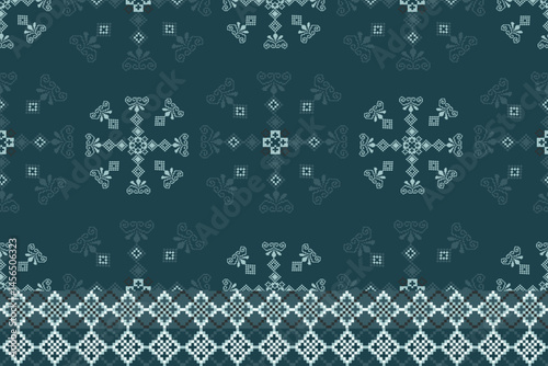 Traditional Ukrainian cross-stitch Detailed vector Illustration for textile printing design, on pixels green tones