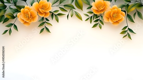 Elegant floral border with orange blossoms and green leaves on a white background, ideal for invitations or announcements
