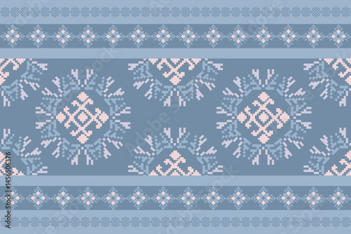 Traditional Ukrainian cross-stitch Detailed vector Illustration for textile printing design, on pixels pastel colors tones