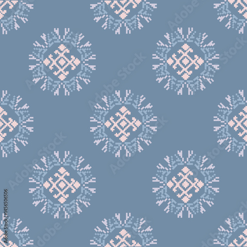 Traditional Ukrainian cross-stitch Detailed vector Illustration for textile printing design, on pixels pastel colors tones