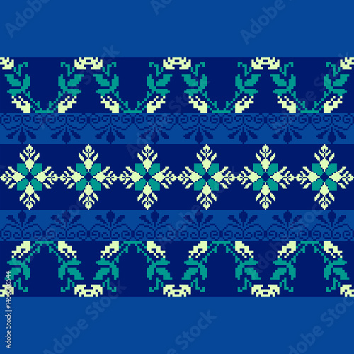 Traditional Ukrainian cross-stitch
Detailed vector Illustration for textile printing design, on pixels blue tones