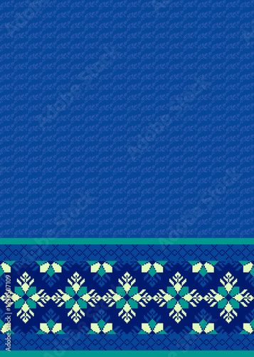 Traditional Ukrainian cross-stitch
Detailed vector Illustration for textile printing design, on pixels blue tones