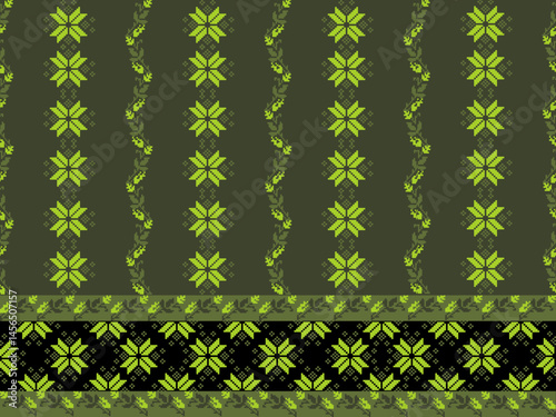 Traditional Ukrainian cross-stitch Detailed vector Illustration for textile printing design, on pixels green tones