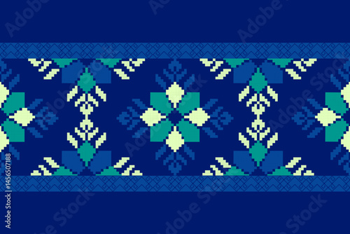 Traditional Ukrainian cross-stitch
Detailed vector Illustration for textile printing design, on pixels blue tones