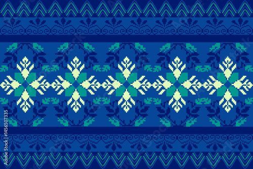 Traditional Ukrainian cross-stitch
Detailed vector Illustration for textile printing design, on pixels blue tones