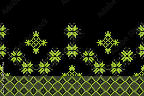Traditional Ukrainian cross-stitch Detailed vector Illustration for textile printing design, on pixels green tones