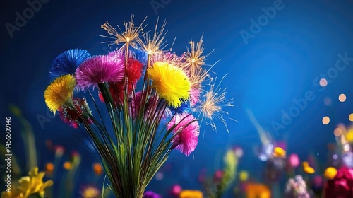 Vivid firework bloom in the air, sparkling in layers on a rich blue background