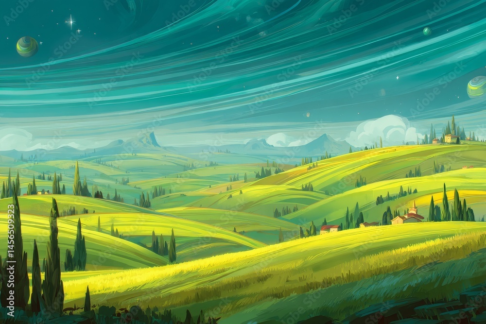 Fototapeta premium Enigmatic horizons merge with lush greenery to craft surreal landscapes that boast dreamlike patterns, all while nature's beauty unfurls across immersive fields and evokes a sense of ethereal wonder