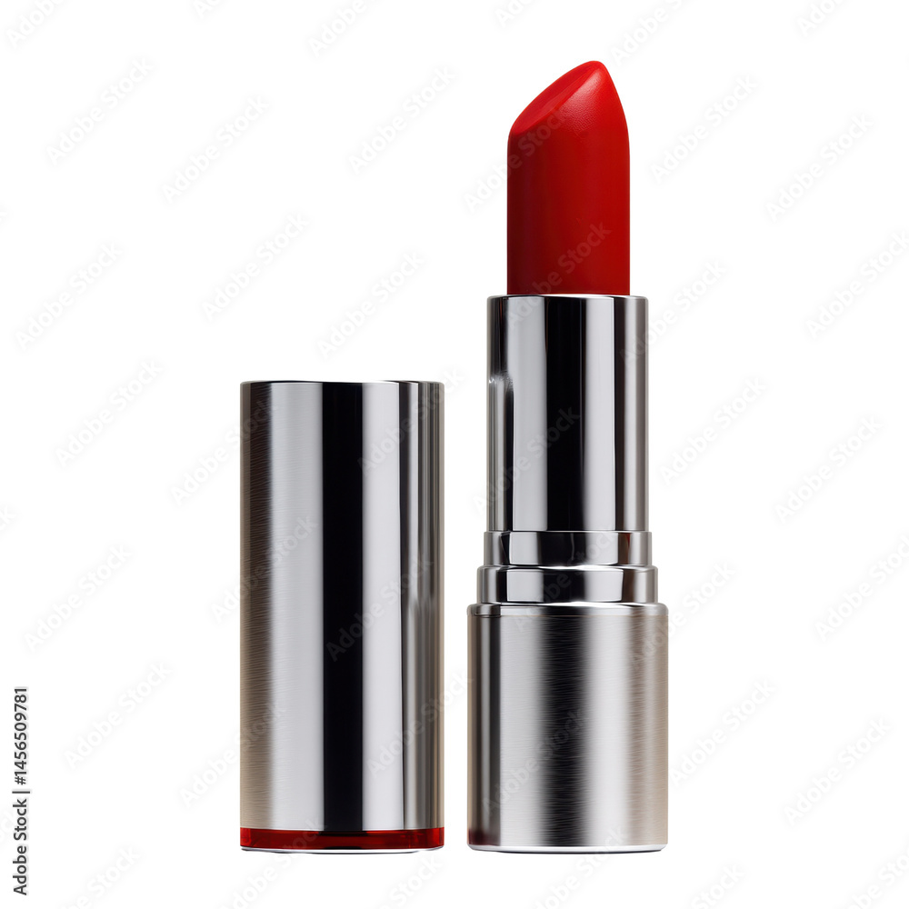 Dazzling Red Lipstick in Sleek Silver Case on a white background. Dazzling Red Lipstick in Sleek Silver Case on a white background.