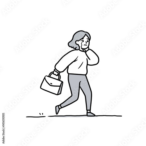 Woman stepping outside with a tearful expression and a briefcase