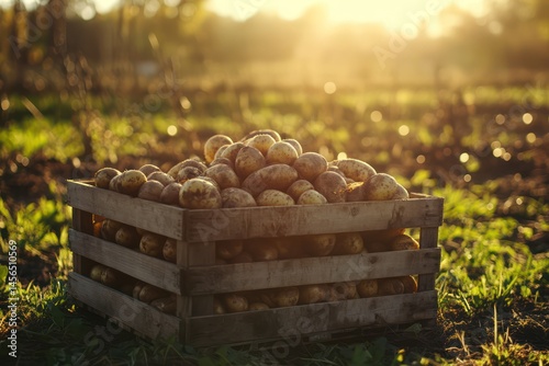 Fresh Potatoes in Wooden Crate at Farm photo