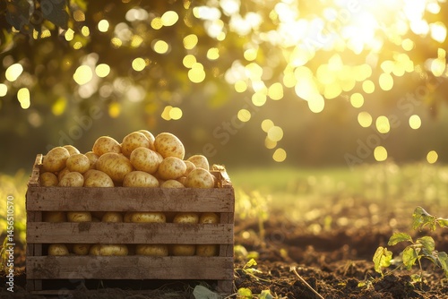 Fresh Potatoes in Wooden Crate at Farm photo