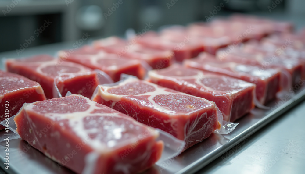 Fototapeta premium Vacuum sealed raw beef steaks in a meat processing facility for wholesale distribution and food safety