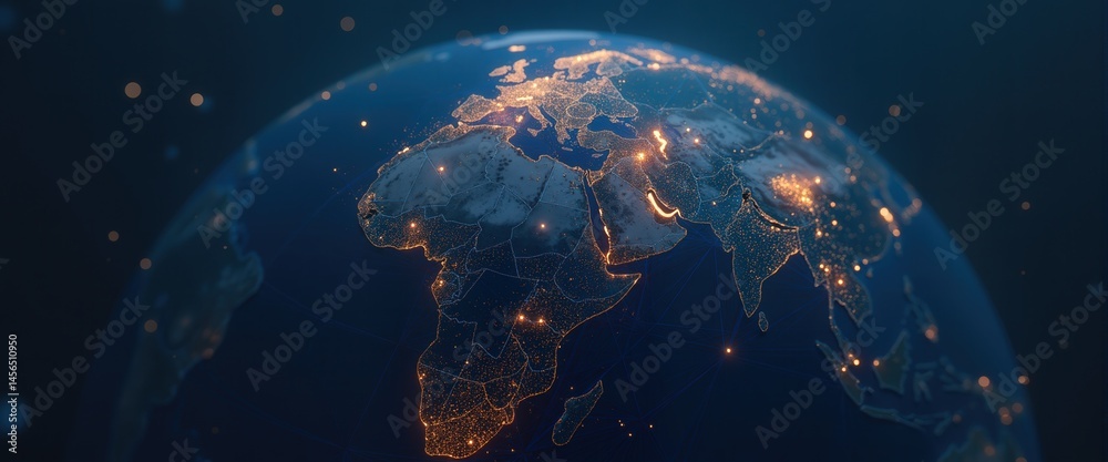 Obraz premium Close view of planet Earth at night with bright city lights showing Europe, Africa, and Asia, Global Network.