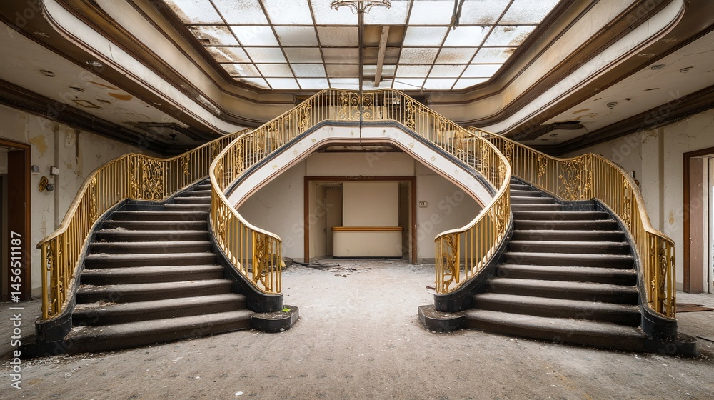 Fototapeta premium Interior view of a grand staircase with skylight in an abandoned building.