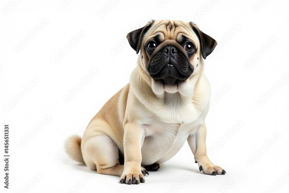 Obraz premium Adorable pug dog sitting, isolated on white background, canine, cheerful
