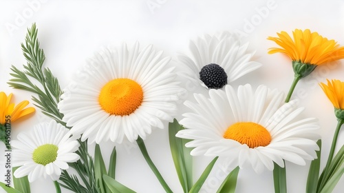Vibrant daisies and greenery arranged on a white background