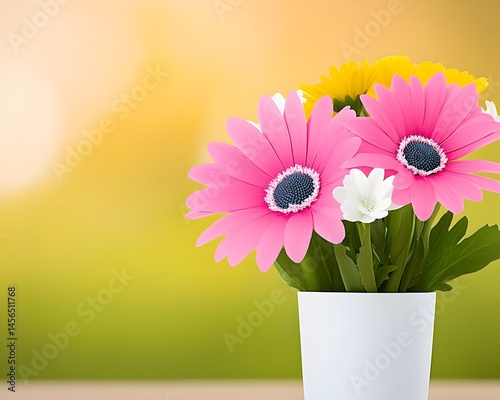 Vibrant pink and yellow flowers in a white vase, set against a soft, blurred background of warm yellow and green hues, creating a serene and cheerful scene