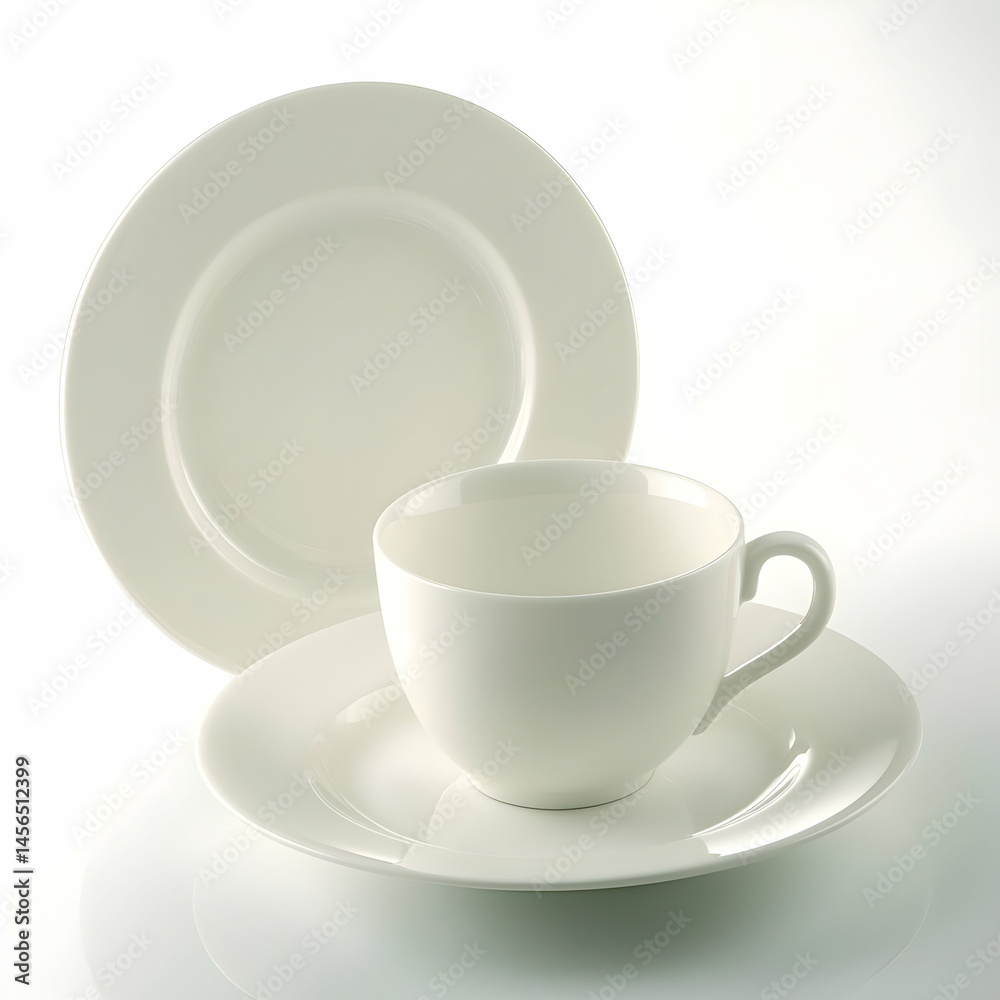 Elegant white teacup, saucer, and plate set on a reflective surface against a bright background; ideal for showcasing fine china or tea time Elegant white teacup, saucer, and plate set on a reflective surface against a bright background; ideal for showcasing fine china or tea time