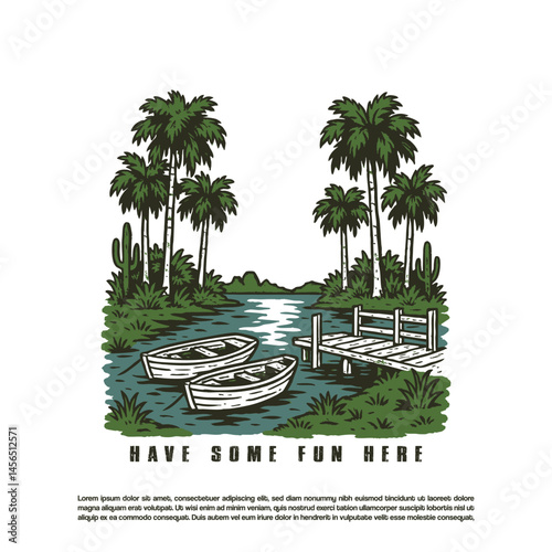 Retro hand drawn forest lake with two wooden boat vector art