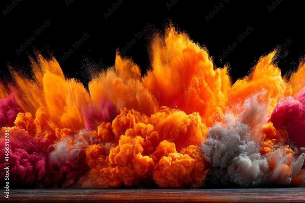 Fototapeta premium A vibrant display of colored dust erupts on a black backdrop, with abstract powder splatters and a frozen moment of colorful powder exploding