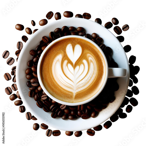 cup of coffee with beans isolated on transparan background
