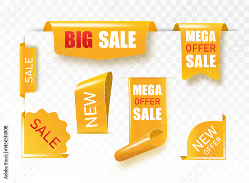 Golden satin ribbon tag. Gold textile label for sale promotion text. Discount and special offer badge. Vector