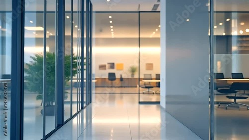 Empty modern office hallway with glass walls and blurred background, illuminated by soft, warm lighting