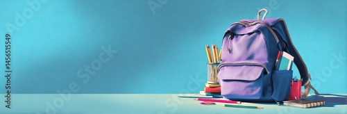 The idea of back to school is exemplified by a full turquoise school backpack and its stationery spread across the table