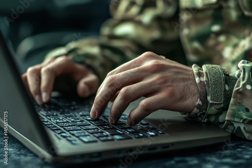 Military Personnel Typing on Laptop photo