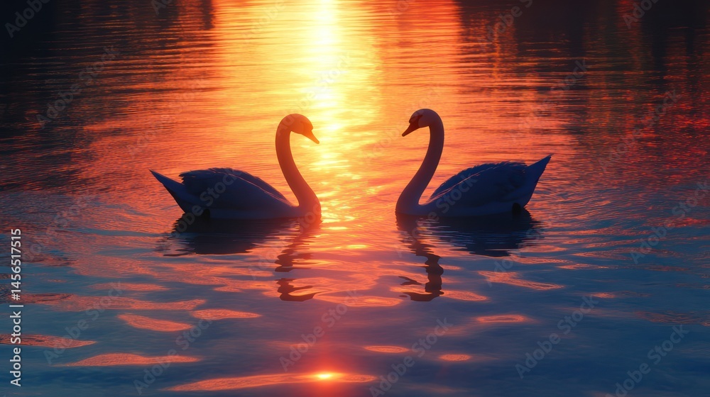 Fototapeta premium Black swans sunset reflection