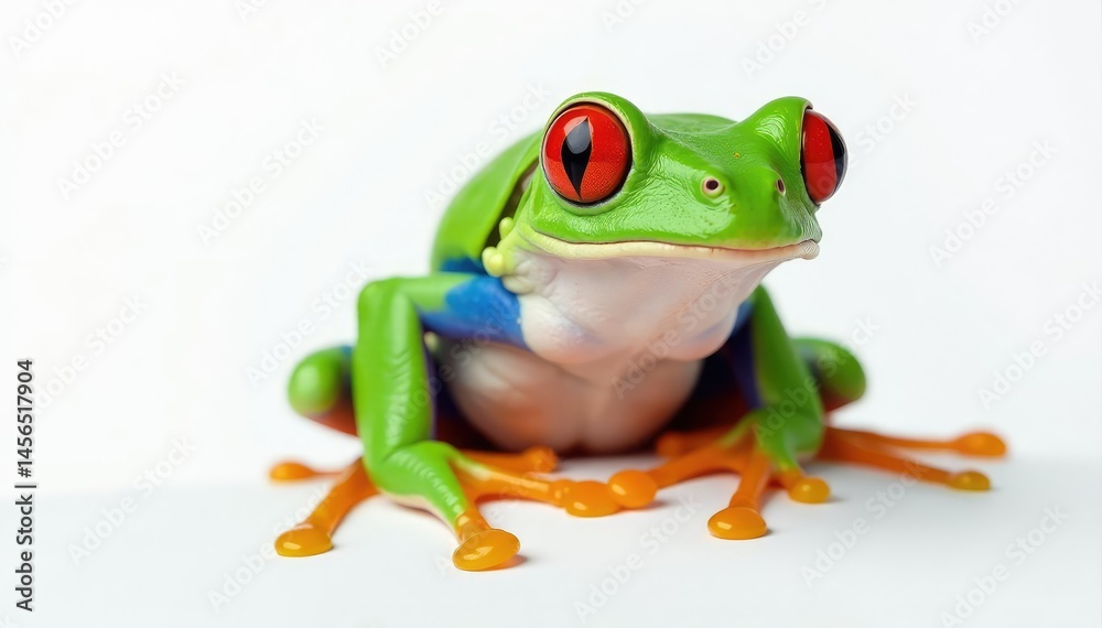 Obraz premium Green tree frog perched on white, vibrant skin, green frog, legs, picture