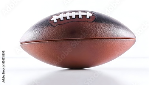 A prolate spheroid brown leather football, laces visible, sits on a reflective white surface