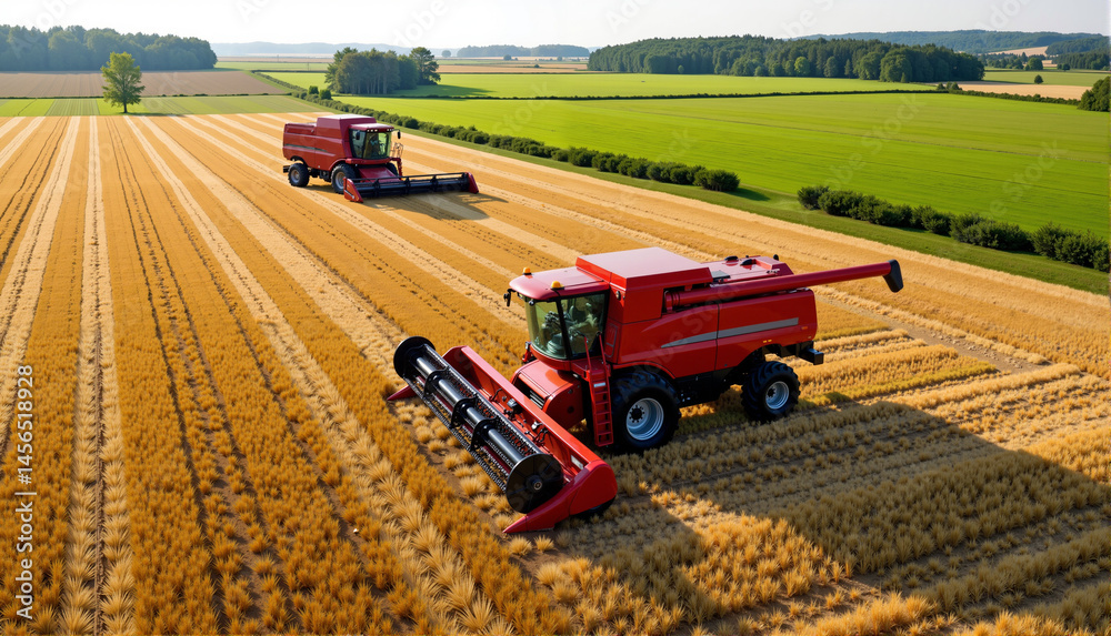 Fototapeta premium Agricultural Equipment Exhibition: Red Harvesters Working in Fields, showcasing scale and efficiency 
