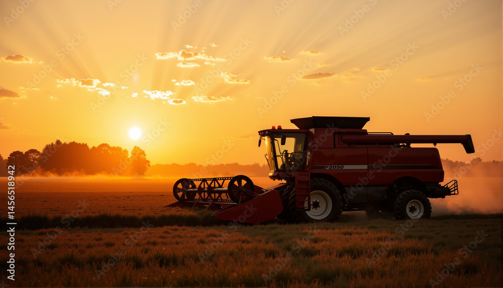 Fototapeta premium Agricultural machinery exhibition at sunset with a combine harvester, , a serene image conveying the hard work of farming and the natural environment. 