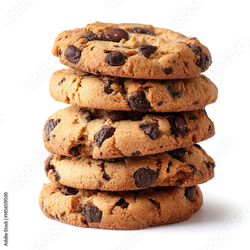 A stack of chocolate chip cookies on a white background, close up shot of delicious baked goods treat