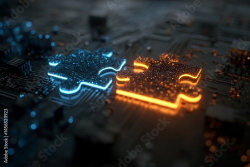 Linking together the pieces of a puzzle represents the concept of business strategy, including success solutions, business logic, problem solving, and collaboration among businesses and partners