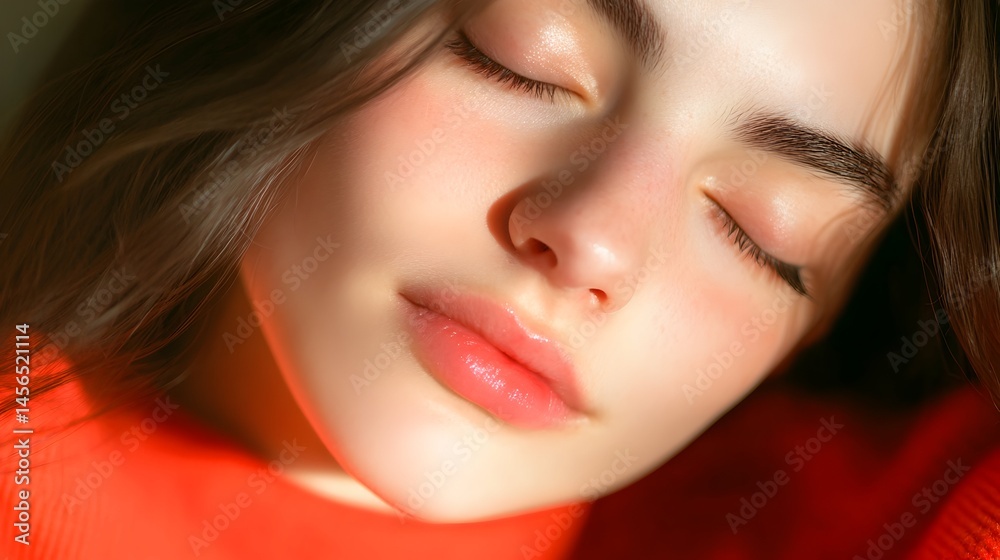 Obraz premium Close-up of a young woman with eyes closed, soft sunlight illuminating her face and reddish-orange sweater