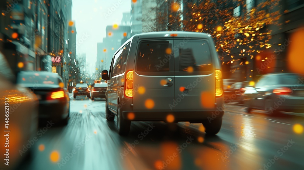 Fototapeta premium A minivan driving through a city traffic jam with blurred background. 2