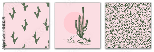 Wild West Set Desert Landscape with Cacti and Sunset, Minimalistic Polka Dot Pattern , Cute Green Cactus Wallpaper on Pink Background