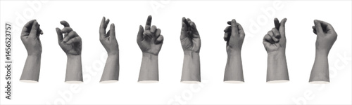 Set of human hands with halftone effect. Monochrome image of hands in the form of hold gestures. Paper clipping shapes, cut out modern retro vector illustration on transparent.